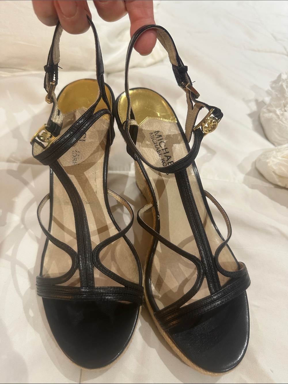 Michael Kors Black Leather Espadrille Wedge Sandals with Gold Logo - Picture 2 of 4